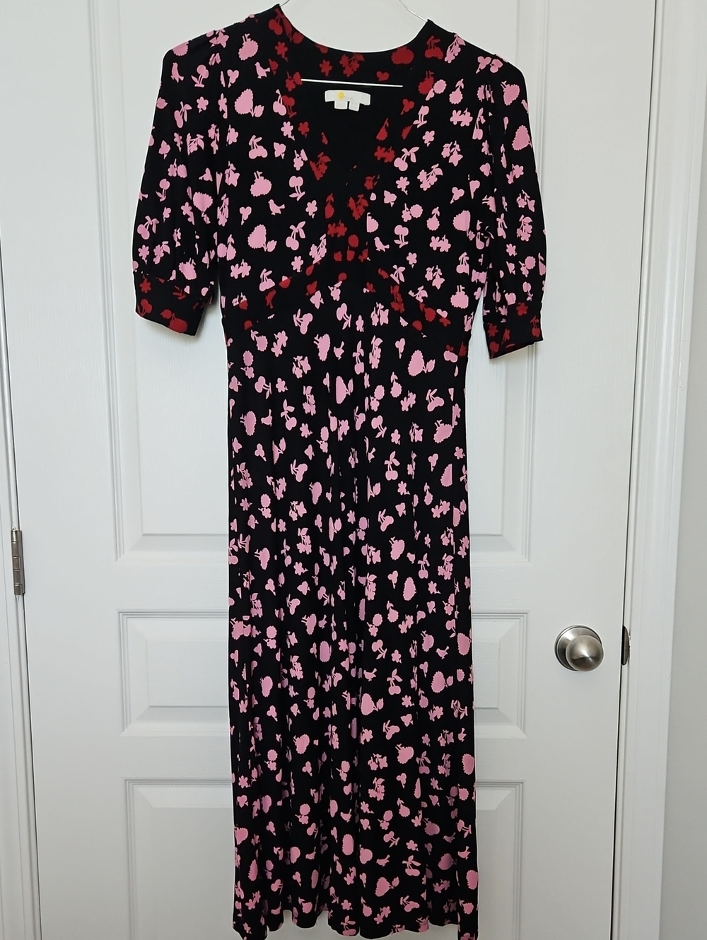 Boden Black Maxi Dress with Pink Floral and Red Trim, 6